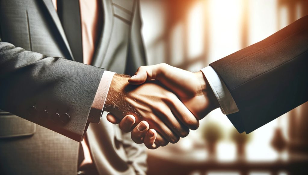 The image captures a close-up of two individuals engaging in a firm handshake. One is wearing a grey suit with a pink shirt, and the other is in a classic black suit. The warm lighting highlights the handshake at the forefront, with a softly blurred background suggesting a corporate setting. The image symbolises a business agreement or partnership and exudes a sense of professionalism, mutual respect, and formal collaboration.