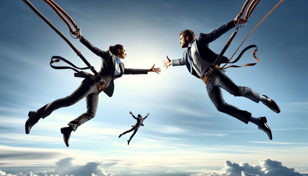 The image features two individuals in business suits performing a bungee jumping trust exercise. They are mid-air against a backdrop of a sky filled with clouds, sunlight breaking through in the background, with their hands outstretched toward each other, attempting to touch. They are each secured by bungee cords, symbolising a safety net, as they engage in a leap of faith. The overall scene evokes themes of trust, partnership, and the balance between risk and support in a business context.