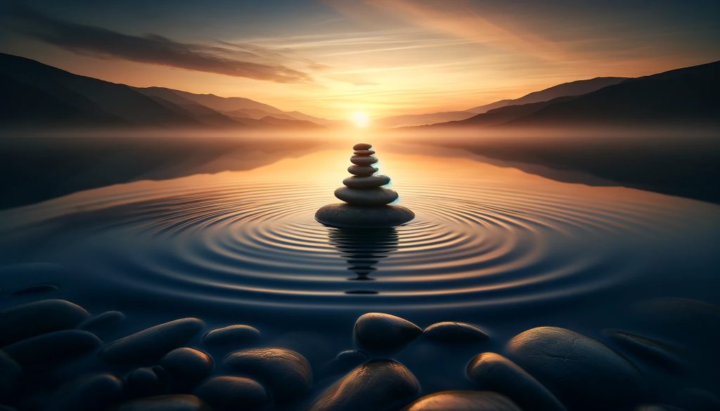 The image features a tranquil scene of a vertical stack of smooth, round stones carefully balanced in the center. The backdrop is a serene lake at dusk, with the setting sun casting a warm glow and painting the sky in shades of orange and pink. Gentle ripples emanate from the stone pile, harmoniously connecting with the natural stillness of the water. The distant mountains and the gradient of the sky contribute to the meditative and peaceful ambiance of the scene.