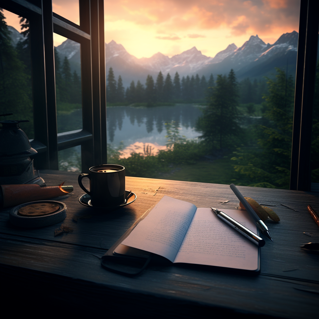 Peaceful mountain scene, looking out of a cabin with an open notebook.