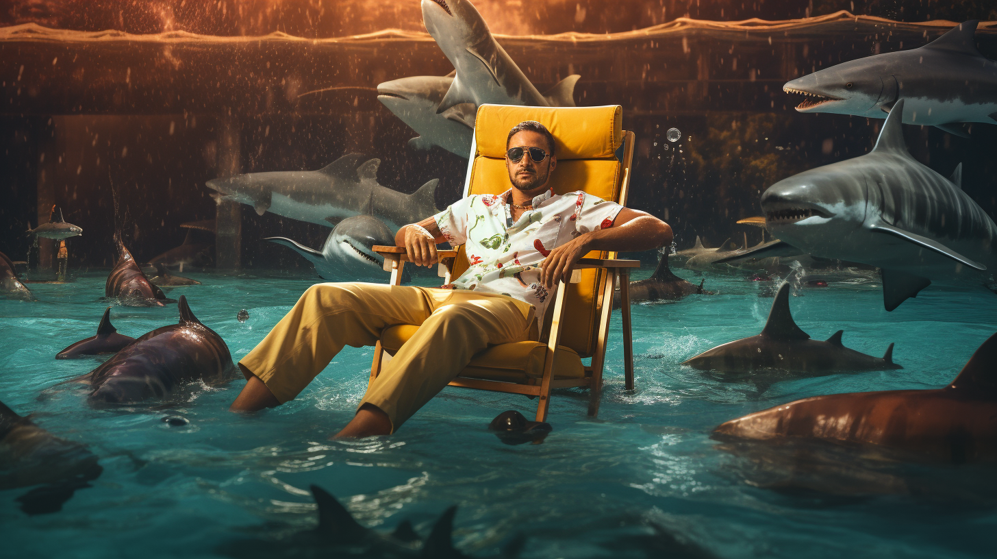 Man sitting in the water on a chair with sharks swimming at his feet