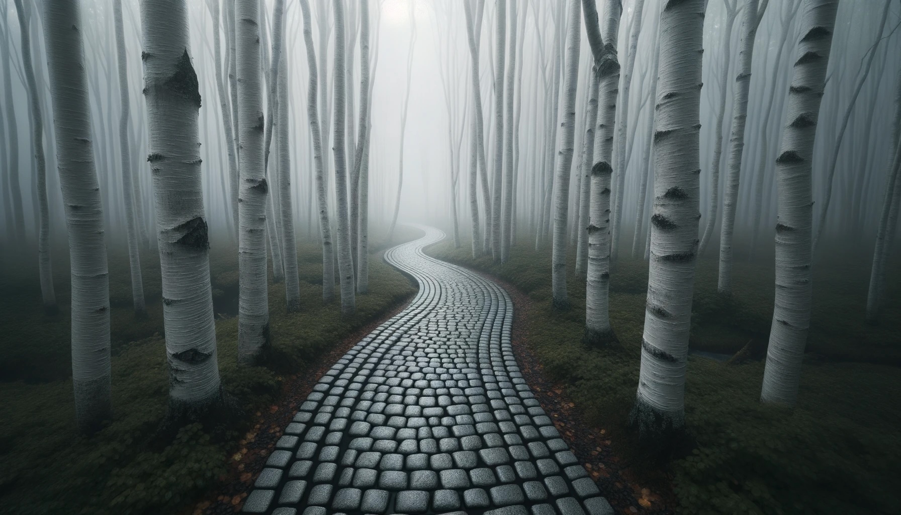 Photo of a narrow, winding path made of grey cobblestones leading through a misty forest. The trees are silver-barked, and the fog obscures the end of the path, representing uncertainty.