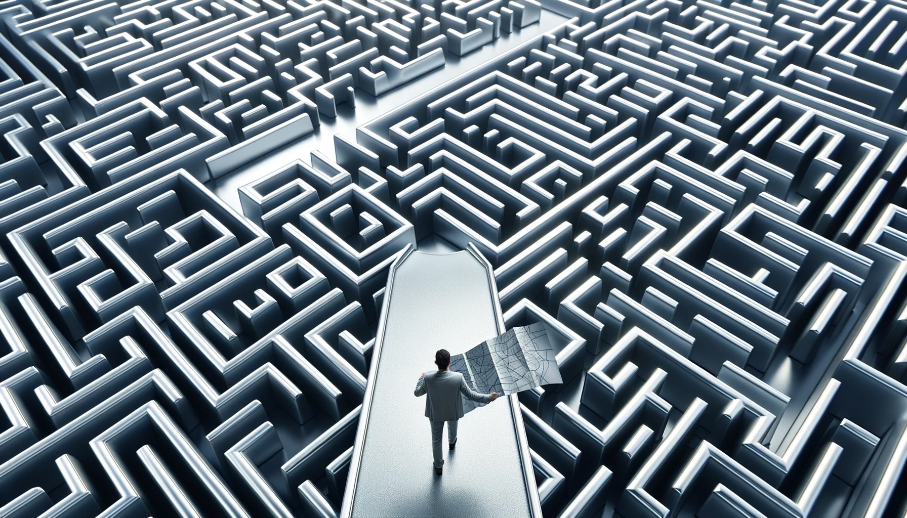 An aerial view of a vast silver maze with a single person at the entrance holding a map, representing the journey of a Marketing novice.