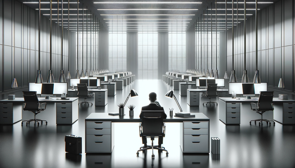 Photo of a sleek modern office interior in grayscale, with silver accents. Desks are meticulously organised, with not a paper out of place. In the centre, a single individual sits deep in thought, surrounded by the vastness of the professional environment, symbolising the weight of obsessive professionalism.