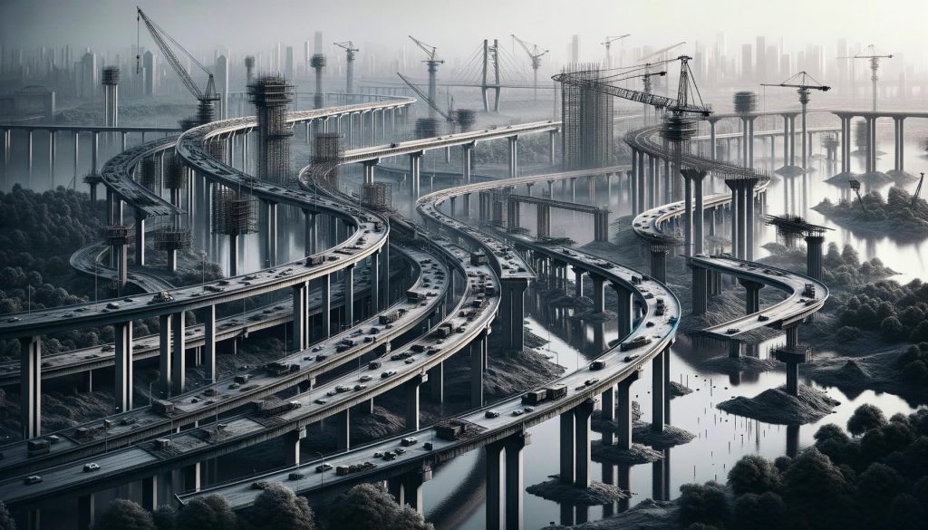 Photo landscape: Sprawled across the landscape are bridges, each reflecting a different phase of construction. Some bridges seem incomplete, others worn, and a few just starting with foundational supports visible. The scene is saturated with ultra-realistic details, where greys and silvers are present but not overpowering, allowing for a less dystopian atmosphere, symbolising the struggles but also the perseverance in project development.