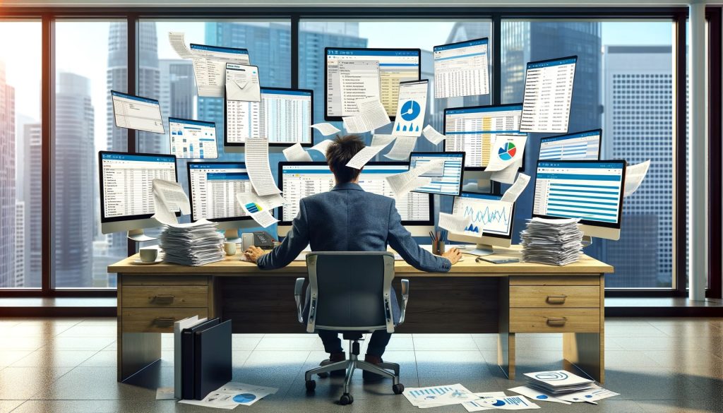 Stressed individual in a modern office setting, surrounded by multiple computer screens displaying various tasks such as emails and reports. Papers are scattered across the desk, symbolising the overwhelming nature of multitasking in a hectic work environment and ensuing loss of productivity.