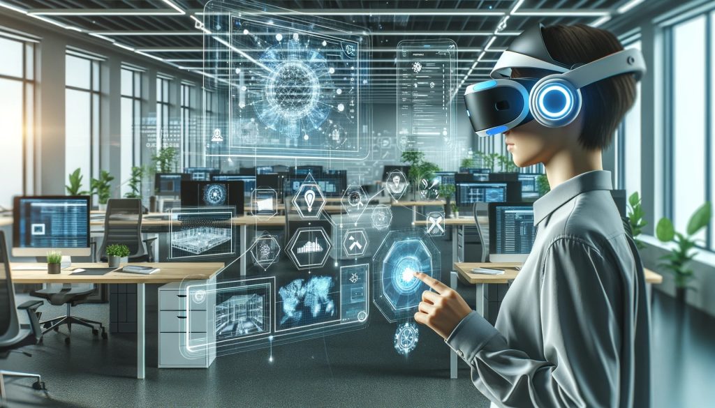 The image illustrates a person in a modern office setting, engaging with a futuristic augmented reality headset and interacting with various digital interfaces. This visual could effectively represent the advanced work environment possibilities that the Apple Vision Pro could facilitate.