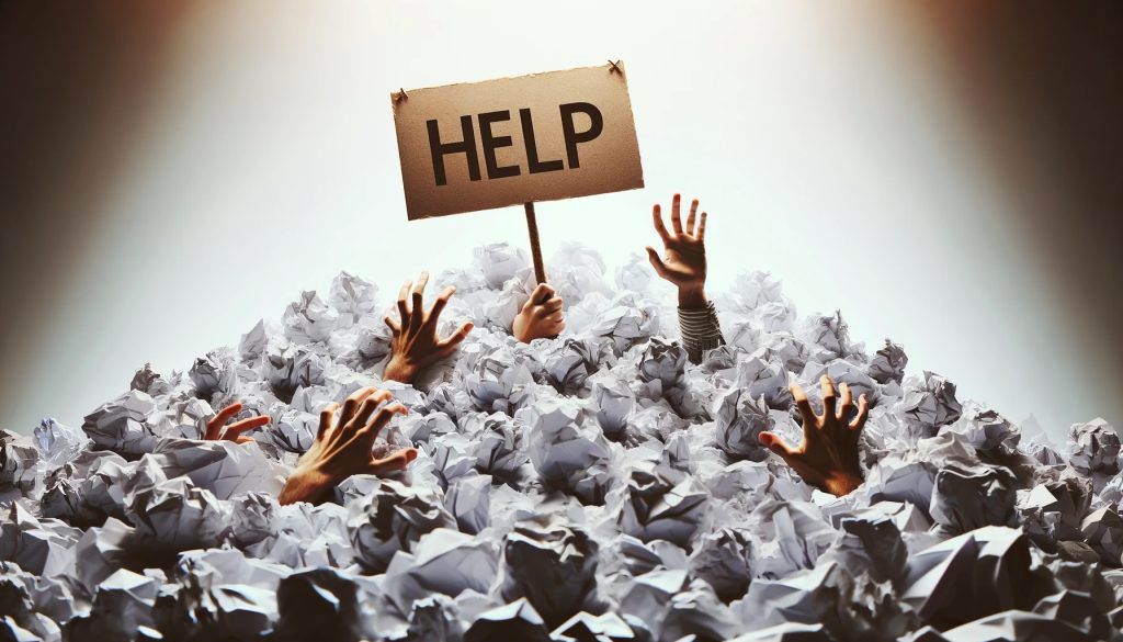 The image depicts several desperate hands reaching out from a vast pile of crumpled paper. One hand holds up a cardboard sign with the word "HELP" written in bold. The mound of paper fills the frame, and a white background highlights the sense of being overwhelmed. This illustrates a call for assistance amidst a situation symbolising excessive stress or workload.