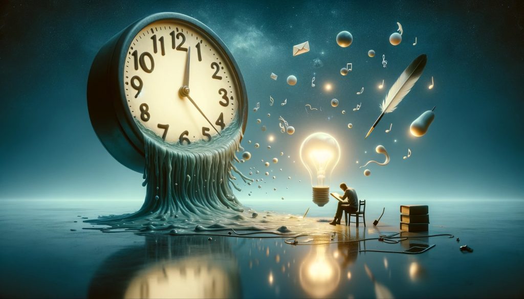 The image beautifully captures the theme of "Micro-Creativity: Big Ideas in Small Packages," focusing on the contrast between the chaotic flow of time and the serene moments of creativity. This minimalist approach highlights the tranquillity and focus necessary for creative endeavours, emphasising the magical calmness where creativity thrives.