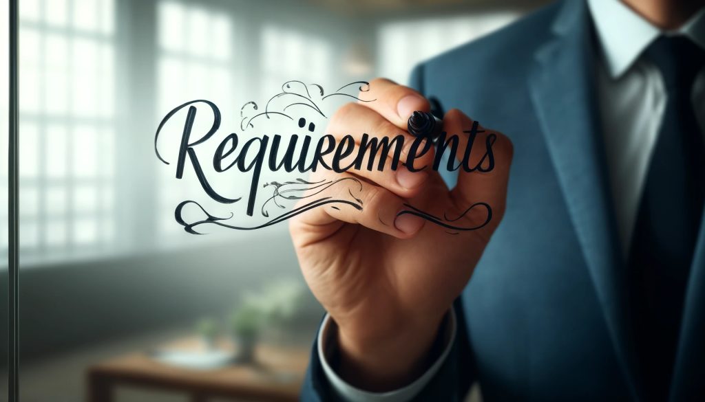 An image showcasing a hand in a business suit using a marker to write the word "Requirements" in elegant cursive on a transparent surface. The background is a softly blurred office setting, highlighting the action of writing while conveying a sense of business planning or strategy development.