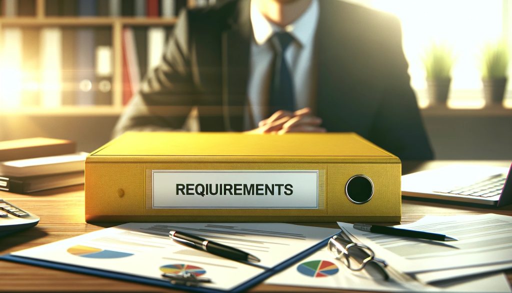 The image shows a brightly lit office scene focused on a large yellow folder with "REQUIREMENTS" labelled on its spine. It sits prominently on a desk among various office items, including scattered papers, a pen, a calculator, and a pair of glasses, implying a busy work environment. Sunlight streams through the window, casting a warm glow on the scene, which also includes the silhouette of a businessperson in the background, adding to the professional atmosphere.