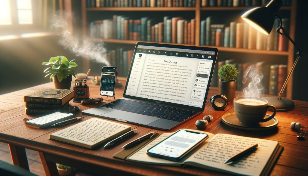 The image that illustrates the theme of embracing technology in the creative writing process, specifically focusing on the use of dictation software on Apple devices. This visual captures a modern, cosy writing space that combines traditional writing elements with modern technology, aiming to inspire and visually represent the essence of integrating dictation into a writer's creative workflow.